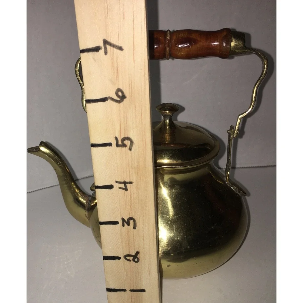 Vintage Decorative Use Only Collectible Brass Finish Tea Kettle With Wood Handle